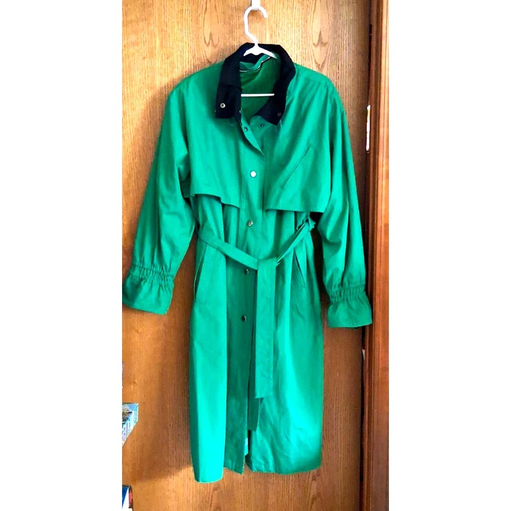 VTG 80s Emerald Green Belted Trench Coat Size L/XL Shoulder Pads, missing Liner
